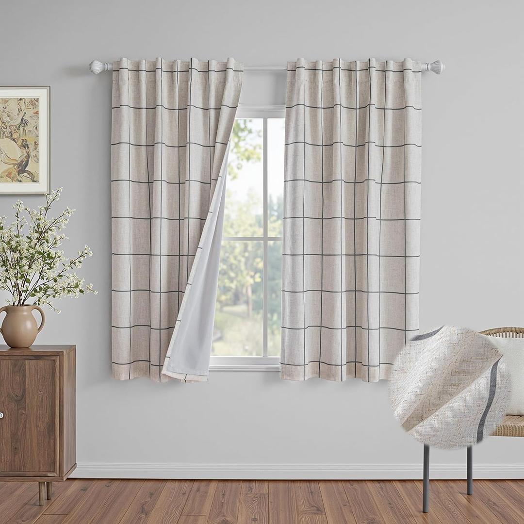 MYSKY HOME 100% Blackout Plaid Linen Curtains 72 Inches Length Double Layer Farmhouse Thermal Insulated Striped Print Drapes with Rod Pocket Back Tab for Bedroom Living Room, 2 Pcs, 52"Wide, Deep Grey