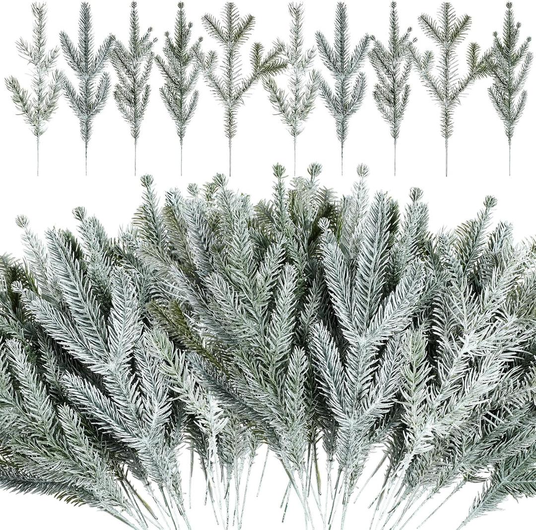 Yunlly 80 Pcs Christmas Artificial Pine Needle Branches 4 Styles Garland Greenery Plant Winter Fake Stems Xmas Tree Picks for DIY Wreath Centerpiece Vast Home Winter Wedding Party Decoration (Simple)