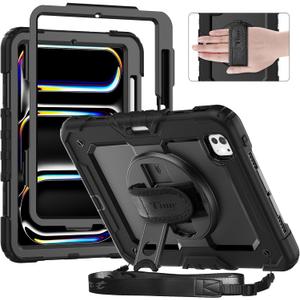 timecity for iPad Pro 11 Inch M4 Case 2024 5th Gen, 360 Rotating Stand, Pencil Holder & Wireless Charging, Shockproof with Screen Protector & Shoulder Strap - for Designers & Professionals, Black