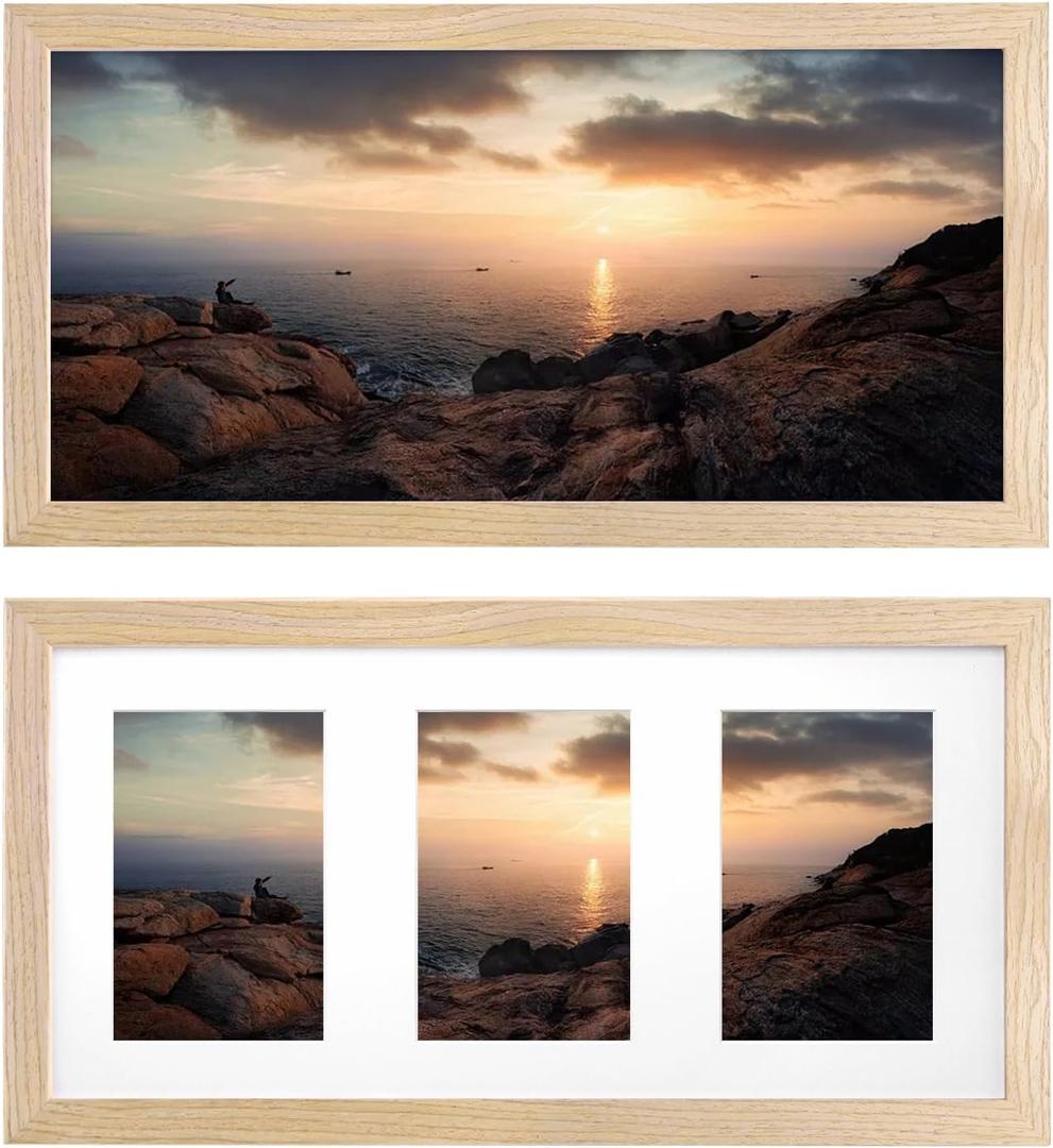 KINLINK 8x16 Collage Picture Frames Natural Wood 3 Opening frames with Acrylic Plexiglass for Multiple Three 4x6 Photos with Mat or 8x16 without Mat, Tabletop and Wall Mounting Display, Set of 2