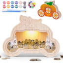 Wooden Piggy Bank for Kid, DIY Night Light Personalized Money Bank for Boy, Girls, Unbreakable Saving Box with Paintbrush and 12 Paints, Coin Jar Gifts for Kid Birthday&Decor (Carriage)