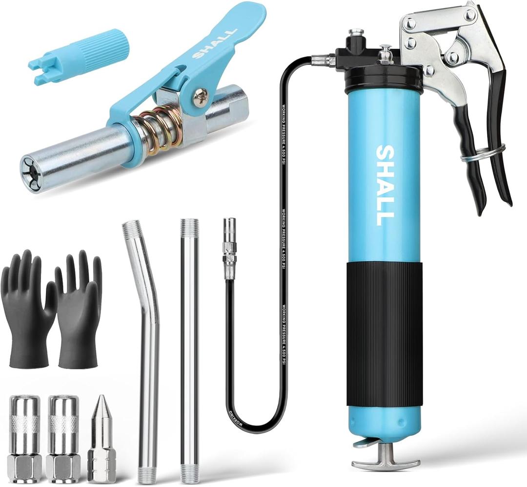SHALL Grease Gun, 7000 PSI Heavy Duty Pistol Grip Grease Gun Kit w/Grease Gun Coupler, 18 Spring Flex Hose, Reinforced Coupler, 2 Extension Rigid Pipe, Sharp Nozzle, Fittings Cleaner | 14oz Load