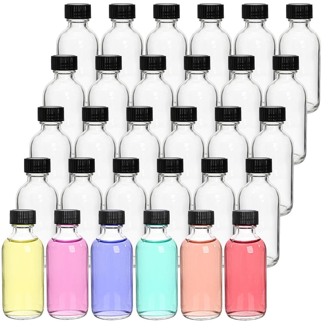 Bekith 30 Pack 2 oz Small Clear Glass Bottles, Boston Round Sample Bottles with Black Poly Cone Cap for Juice, Ginger Shots, Oils, Whiskey, Liquids