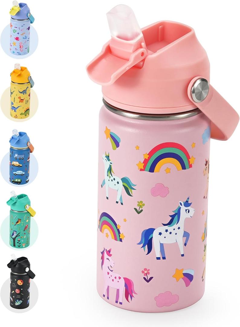 Kids Water Bottle 14oz with Silicone Straw Lid - Insulated Toddler Water Bottle Stainless Steel Keeps Cold 24H, Leak Proof & Unicorn Rainbow Prints Girls Design | Custom Name Tag for School, Pink