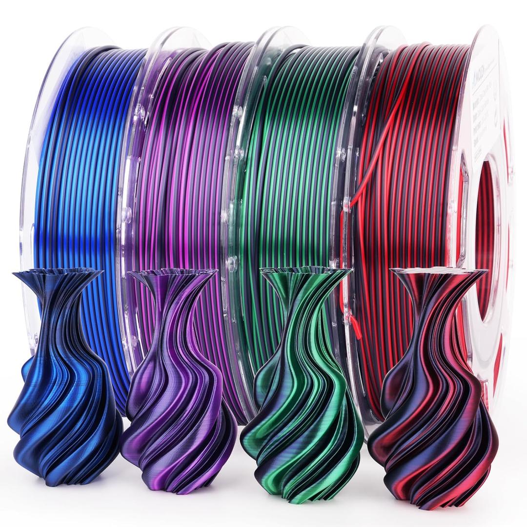AMOLEN Silk PLA 3D Printer Filament Bundle, Shiny Dual Color PLA Filament 1.75mm Pack, Color Change PLA 3D Printing Filament for Most FDM 3D Printer, Black Series 200g X 4 Spools (Dual Black Purple/Black Red/Black Green/Black Blue)