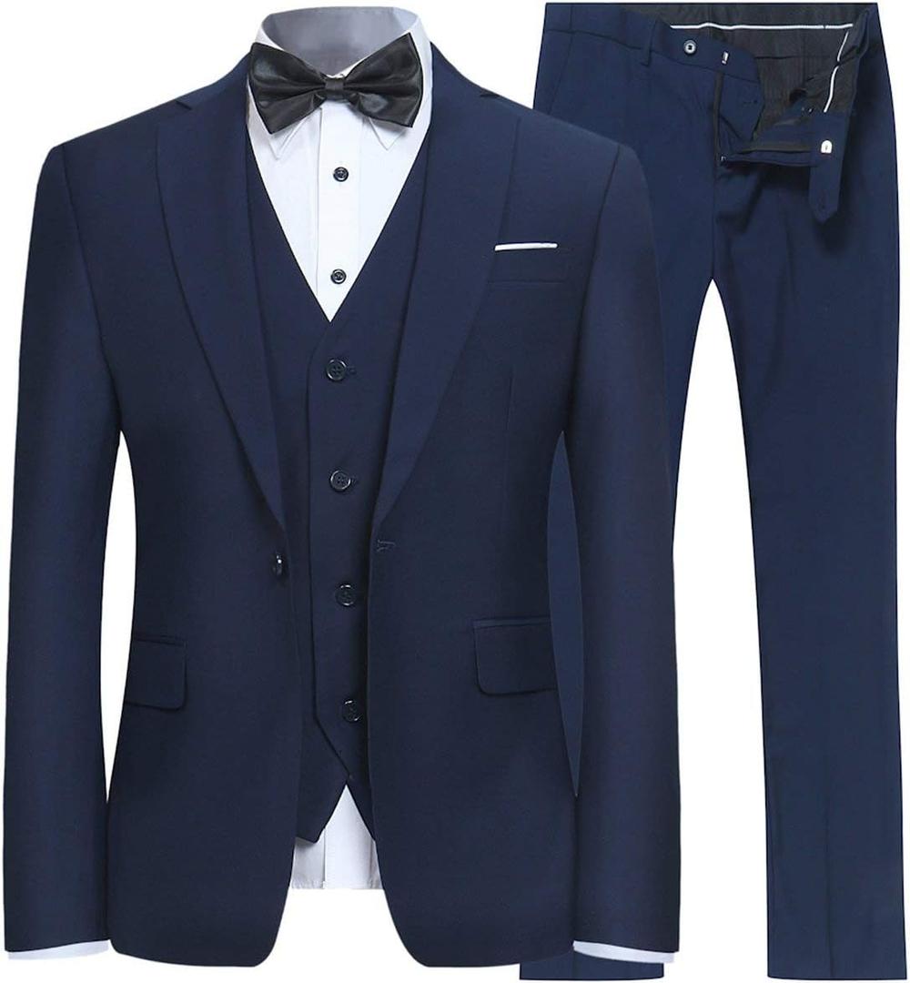 Men's Slim Fit 3 Piece Suit One Button Blazer Tux Vest & Trousers, Navy, Small