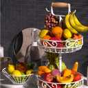 2-Tier   and Fruit Bowl - Fruit and Vegetable Storage with Banana Tree Hanger and Wood Handle, Fruit Basket for Kitchen Counter, for Bread Onions Potatoes Veggies Produce (White)
