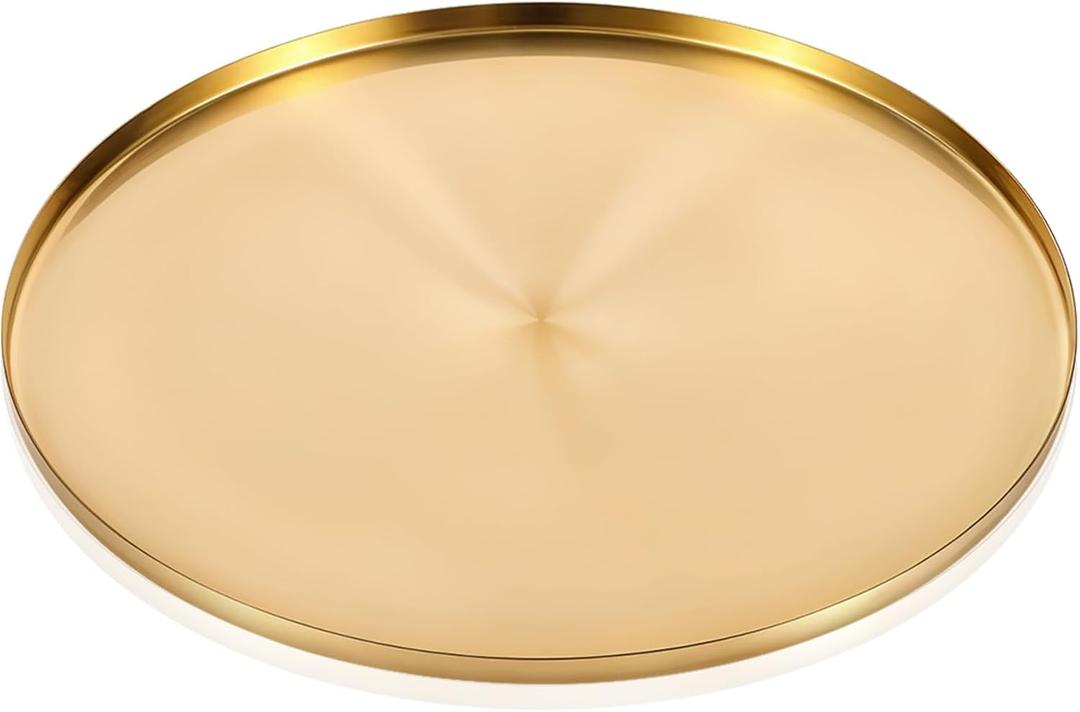 Round Gold Stainless Steel Jewelry & Makeup Tray, 12 Inch, Modern Decorative Serving Tray for Vanity, Coffee Table, Outdoor Patio, Living Room, Perfume