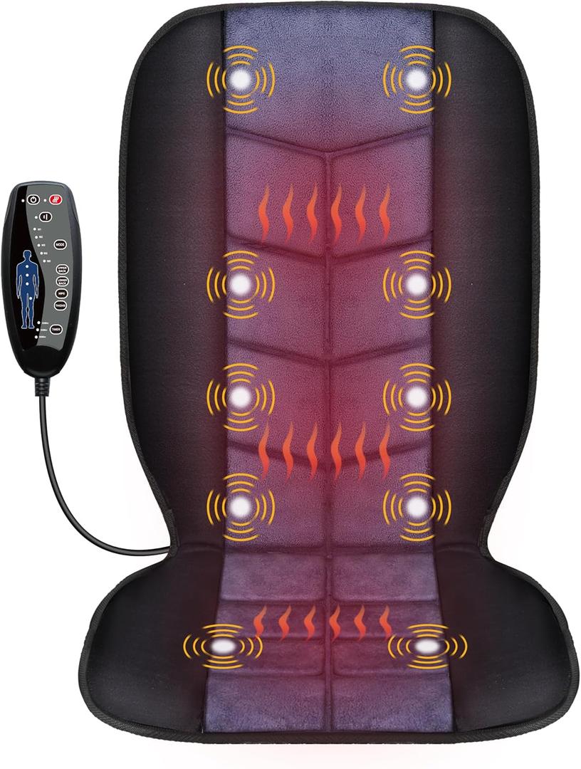 CILI Massage Chair Pad, Back Massager with Heat, Massage Seat Cushion with 10 Vibration Motors,30-60-90 Minutes Heating Options, Chair Massager for Office Chair, Home Office Use (Black)