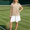 Women Casual Dresses Loose Fit Polo V-Neck Short Sleeves Patchwork Athletic Tennis Dress with Pockets (Beige, L)
