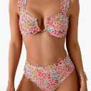 Fanuerg Women's High Waisted Bikini Sets Ditsy Floral Printed Two Piece Swimsuit Adjustable Strap Bathing Suit M