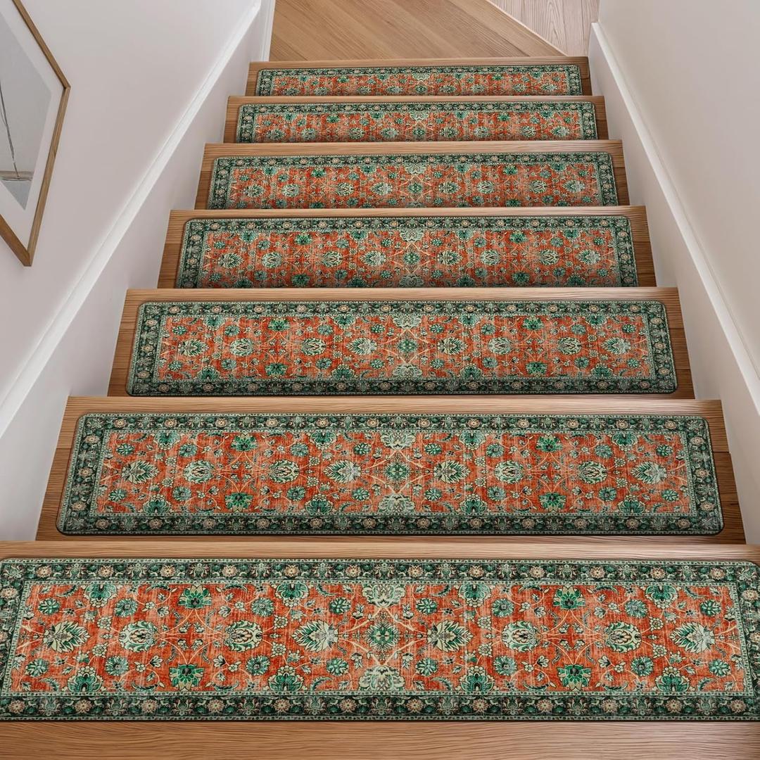OJIA Vintage Stair Treads Non-Slip Stair Runners for Wooden Steps Indoor 15PCS 30"x8" Carpet Stair Treads Stair Mats Staircase Step Treads for Kids, Elders and Dogs, Stair Covers, Red