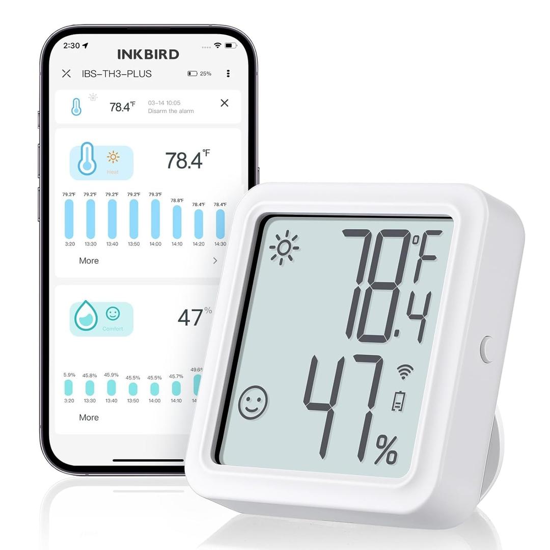 INKBIRD WiFi Thermometer Hygrometer, Indoor Temperature Sensor IBSTH3PLUS with Electronic Display, Humidity Monitor with App Alert 1 Year Data Storage Export, Digital Remote Monitor for Room