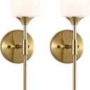 BYOLIIMA Gold Wall Sconce Set of 2 with White Cylinder Glass Shades Modern Mid Century Bathroom Vanity Wall Light Fixtures Industrial Brushed Brass Wall Lamp for Bedroom Mirror Living Room Restaurant