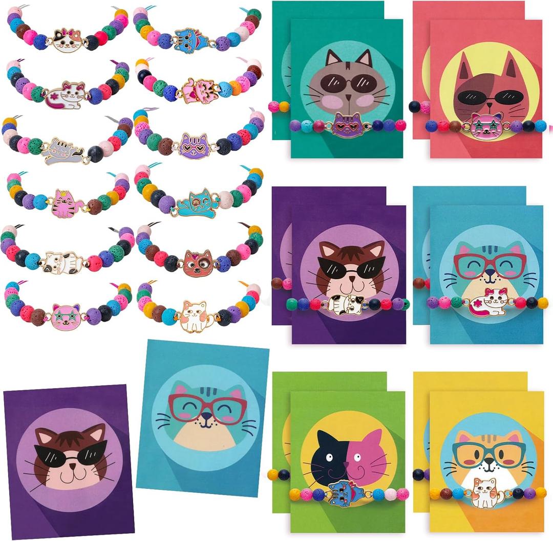 12pcs Volcanic Stone Beaded Cat Bracelets for Girls Kids Women, Cute Animal Cat Charms Adjustable Bracelets, Cat Party Favors Goodie Bag Stuffers Classroom Rewards Girls Play Jewelry Gift