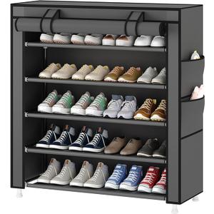 Laiensia 5-Tier Vertical Shoe Rack Organizer, Space Saving Shoe Storage Organizer, Non-Woven Cover Shoe Shelf Holds 20-25 Pairs for Bedroom, Hallway, Closet Entryway, Grey