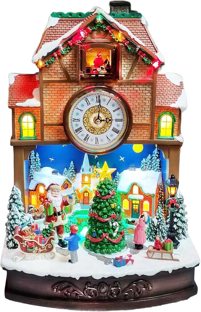 MOMENTS IN TIME Christmas Village Cuckoo Clock Animated Santa & Tree Scene with LED Lights and Music Plug-in Adapter Holiday Tabletop Decoration (17.5H)