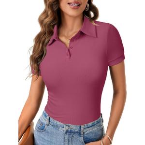 LYANER Womens Polo Shirts Short Sleeve Business Casual V Neck Collared Button Fitted Tops (Pink, L)
