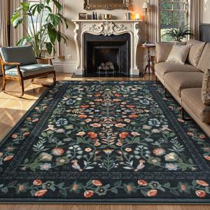 Lahome Floral Washable Area Rugs 8x10, Non-Slip Living Room Carpet Soft Tumble Washable Rugs for Bedroom Nursery, Vintage Botanical Print Carpet for Classroom Kids Room Dining Room, Black
