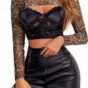 Avidlove Mesh Crop Tops for Women Mock Neck Long Sleeve Crop Top See Through Shirt Top Sexy Clubwear (Pat3)