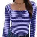 IWD Womens Striped Long Sleeve Shirts Slim Fit Square Neck Tops 2026 Spring Lightweight Knit Pullover Sweater (M)