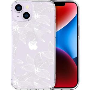 Compatible with iPhone 14 Plus Case Flower Floral for Women Girls Girly Cute Designer Phone Protector Clear with Design Transparent, Flower Floral White