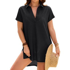 Blooming Jelly Womens Swimsuit Coverup Textured Bathing Suit Cover Up Swimwear V Neck Beach Dress Shirt 2026 (Black, S)