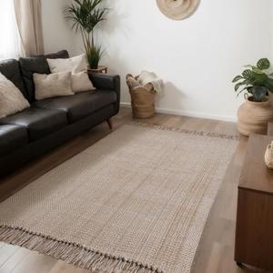 EBOOT 4 x 6 ft Woven Area Tan Rug Woven Rug Tassel Rugs Neutral Mat Cotton Modern Indoor Entryway Accent Rugs Floor Carpet with Tassel for Living Nursery Dining Room Bedside Office Patio Decor