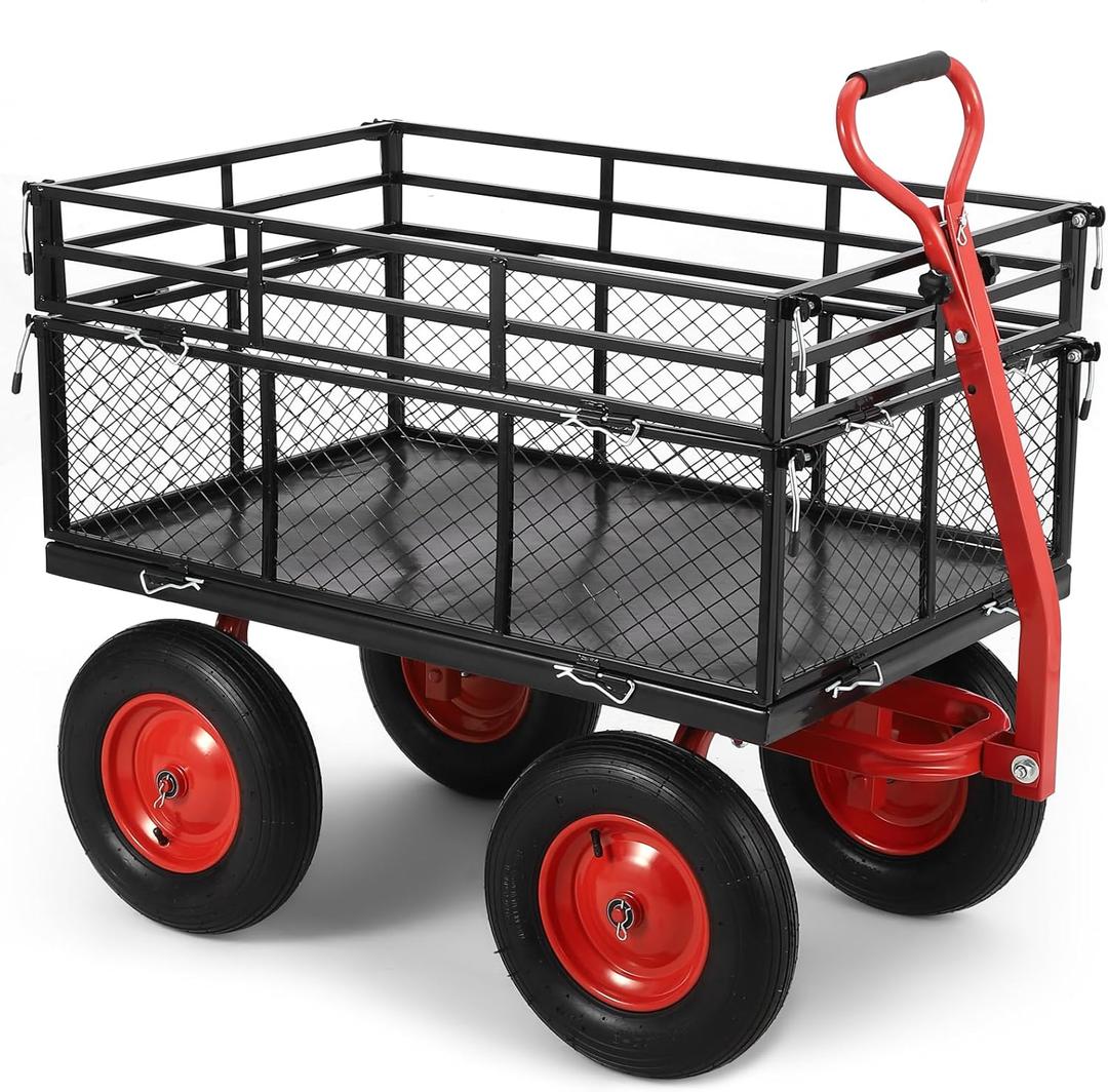 1400 lbs Steel Garden Cart, Heavy Duty Metal Yard Utility Wagon with Removable Mesh Sides, 2-in-1 180 Rotating Handle and 16 inch Wheels, Steel Utility Wagon Perfect for Garden, Farm, Yard (Red)