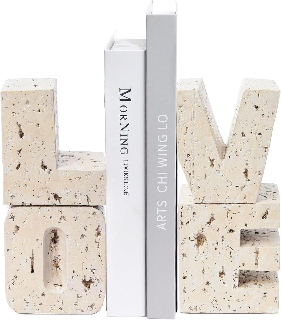 Book Ends Decorative with Love Design, Small Farmhouse Heavy Duty Bookends, Book Holders for Shelves, Book Stoppers for Home Desk Decoration, Unique Love Sculpture Bookend-Great Gift for Valentine's Day (Beige)