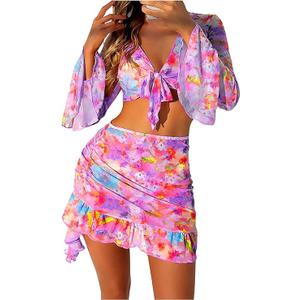 Women's 4 Piece Allover Print Bikini Halter Neck Triangle Set High Cut Bikini Swimsuit Bathing Suit (Large, Multicolor)