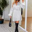 Ekouaer Women's Satin Robe Short Bridesmaid Bride Feather Bridal Robe Kimono Silky Long Sleeve Bathrobe S-XXL (XXL)