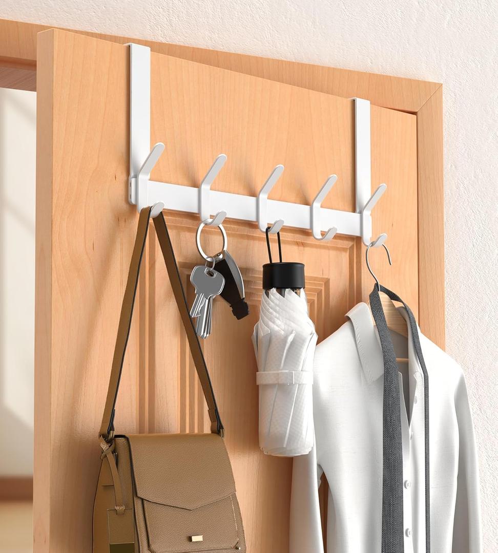 CHAUNCEY HOME Over The Door Hooks Hanger with 7" Arms for Hanging, J7U, Perfectly Fits US Standard 1 3/8-inch Doors, Towel Rack Bathroom Organizer Holder, White