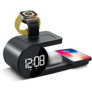 Brookstone 4-in-1 Wireless Charging Station: Stylish | Compatible for iPhone 15,14,13,12 Pro Max Series, All iWatch Series, Compatible with Airpods 3,2 Pro| Wireless Charging Station with Clock. (Black)