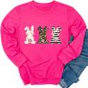 Ykomow Happy Easter Sweatshirt Women Long Sleeve Cute Bunny Rabbit Graphic Tees Pullover (X-Large, Hot Pink)
