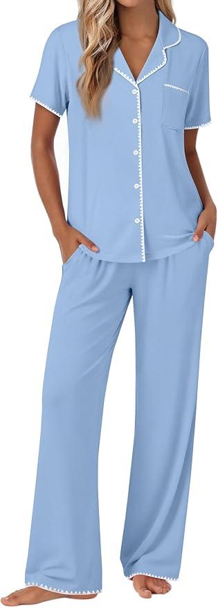 Ekouaer Pajamas for Women Set Button Up Soft Pjs Short Sleeve 2 Piece Lounge Sets Comfy Sleepwear 2XL