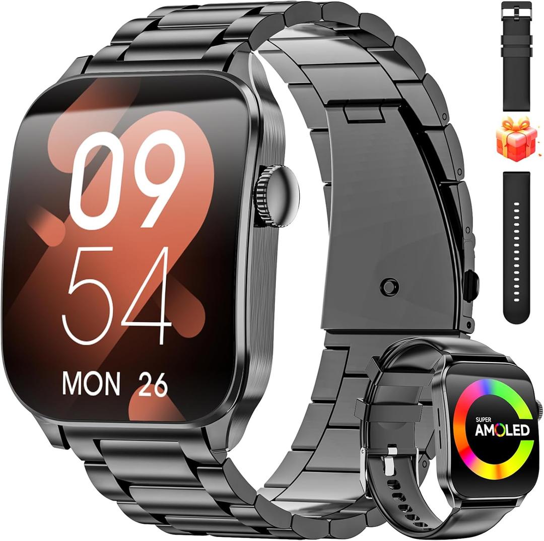 Curve Military Smart Watch for Men(Answer/Make Call), 1.93" AMOLED Smartwatch with Heart Rate/Sleep Monitor, 120+ Sports Modes Fitness tracker, IP68 Waterproof Fitness Watch for Android iOS (2 Straps) (Black)
