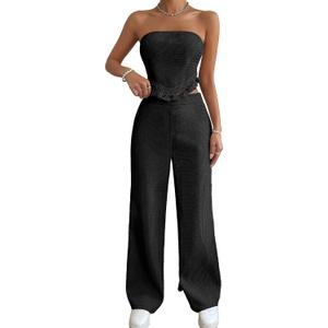 OYOANGLE Women's 2 Piece Outfits Summer Casual Fringe Trim Tassel Tube Top and Wide Leg Pants Set (Medium, Black Pure)