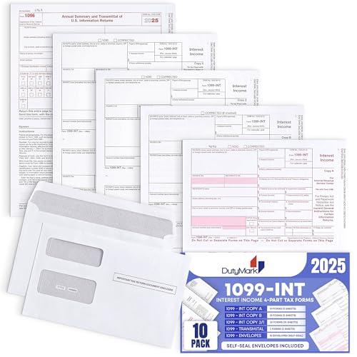 1099 INT Interest Tax Forms Set 4 Part 10 Pack for 2025 And Self-Seal envelopes. Kit For 10 Vendors, Laser Forms Designed for QuickBooks and Accounting Software