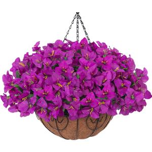 Artificial Fake Hanging Flowers Plants Basket for Outdoors Spring Summer Decor, Faux Silk Bougainvillea in Planter Look Real UV Resistant Faux Flower for Outside Porch Patio Garden Home Decor, Purple