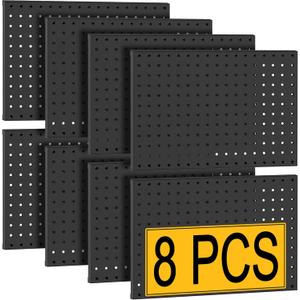 PBHEPJ 8 Pcs Metal Pegboard Panels, Heavy Duty Peg Boards for Garage and Garden Tool Storage, Includes Drywall Anchors and Screws Kits, Black (8 pcs 16in x 12in), 64" x 24"