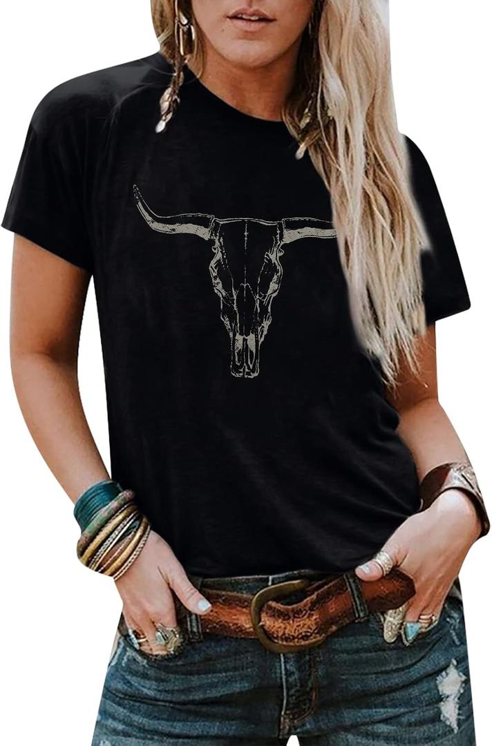 Boho Cow Skull Shirt Women Cowgirl t Shirt Vintage Western Rodeo Graphic Tee Short Sleeve Bull Skull Casual Top (Large, Black)