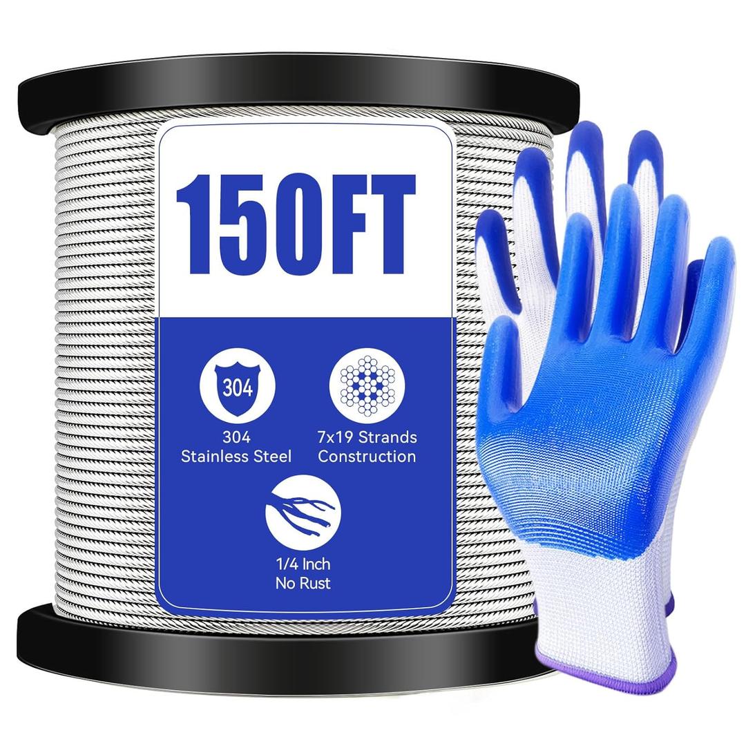 1/4" Stainless Steel Cable,7x19 Strand Aircraft Wire Rope,Cable for Heavy Duty Applications,Outdoor Pulley Cables,Deck Railing with Gloves,Breaking Strength 6400 Ibs,150FT