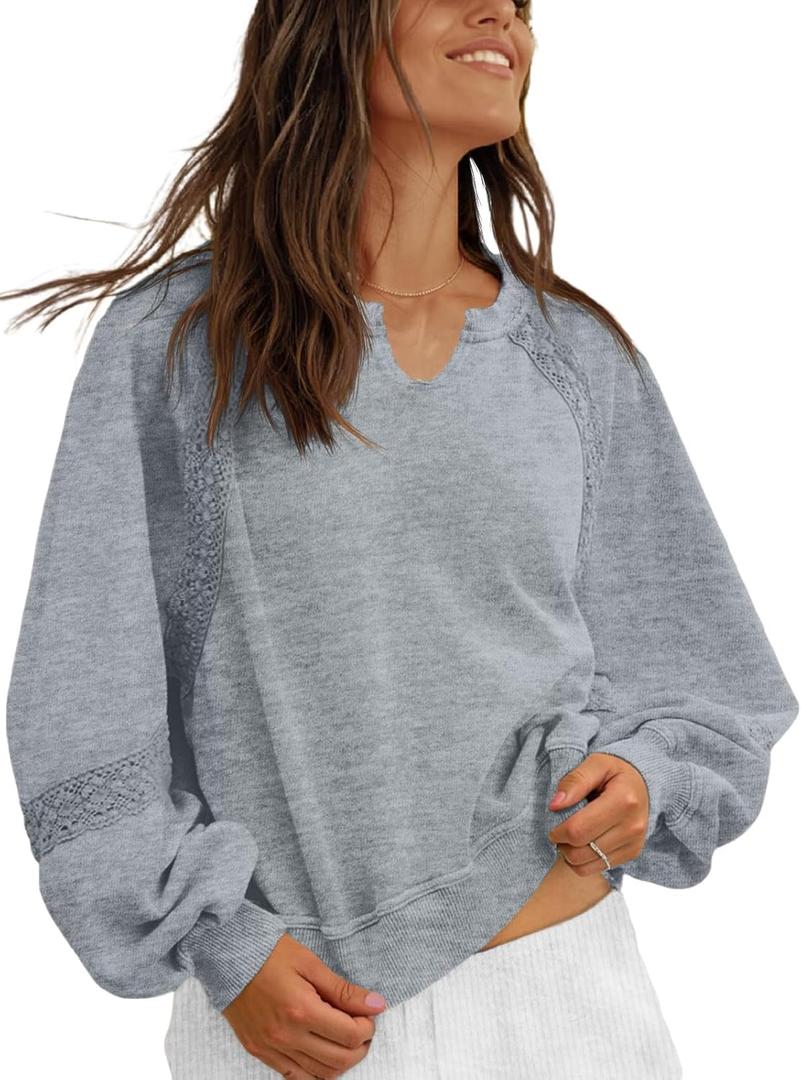 Womens Oversized Sweatshirts V Neck Lace Crochet Lantern Long Sleeve Pullover Cropped Tops Fall Outfits Clothes (Gray, L)
