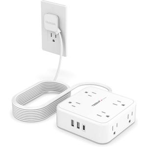 TESSAN Surge Protector Power Strip, 15 Ft Flat Plug Extension Cord with 3 USB (1 USB C) 8 Outlets, 1250W, 900J Protection, 3 Sided Outlet Extender with Power Switch for Office, Dorm Room, White