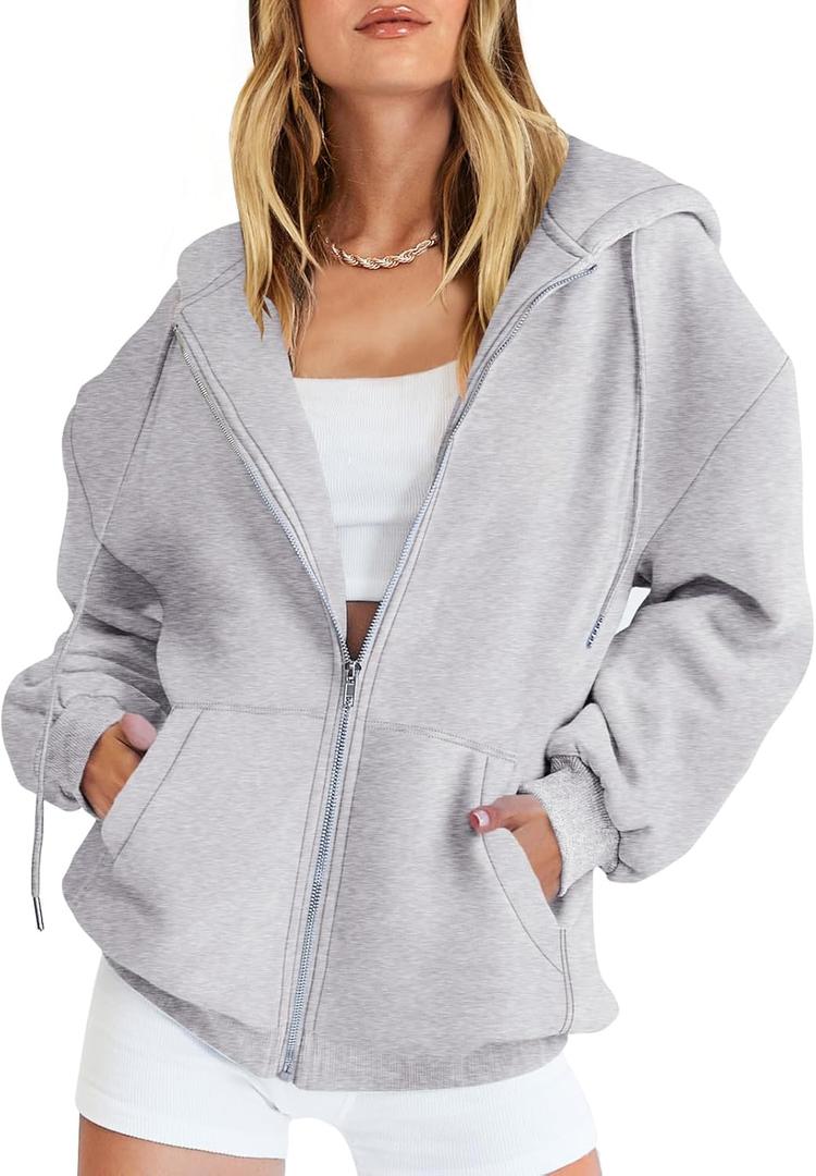 Caracilia Womens Zip Up Hoodies Oversized Long Sleeve Sweatshirts Casual Y2K Hoodie 2024 Fall Jacket with Pockets Light Grey, Size: Large