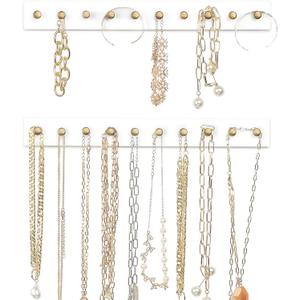 Mkono Necklace Holder Wall Mounted Set of 2 Wood Necklaces Hanger, Jewelry Organizer Hanging with 20 Metal Round Hooks, Jewelry Hooks for Necklaces, Bracelets, Chains, Keys,White