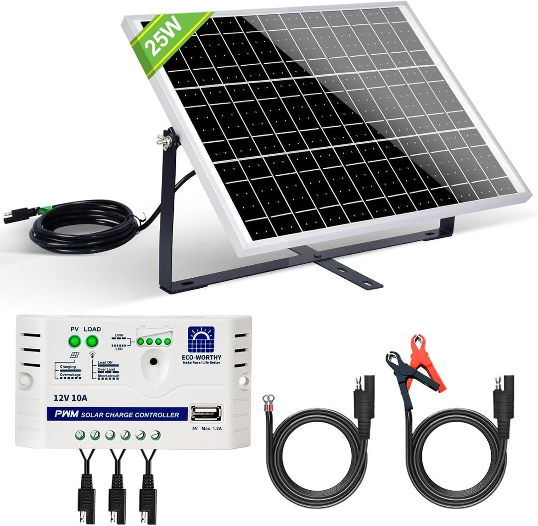 ECO-WORTHY 25 Watts 12V Off Grid Solar Battery Charger Kit: Waterproof Solar Panel + Adjustable Mount Bracket + SAE Connection Cable +10A Charge Controller for Car RV Marine Boat 12V Battery (25W)