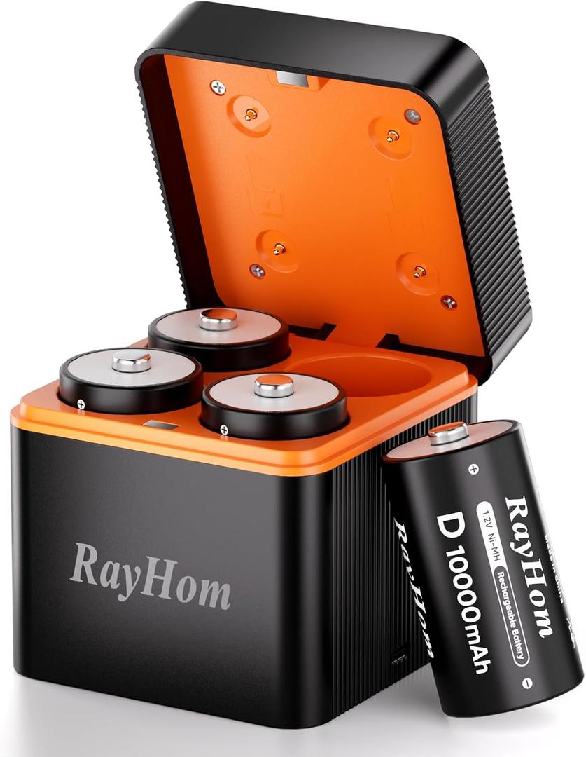 Rechargeable D Batteries with Charger, 4Pack 10000mAh NiMH D Cell Batteries, Low Self Discharge, 4 Slot NiMH Battery Charger with Type-C Input