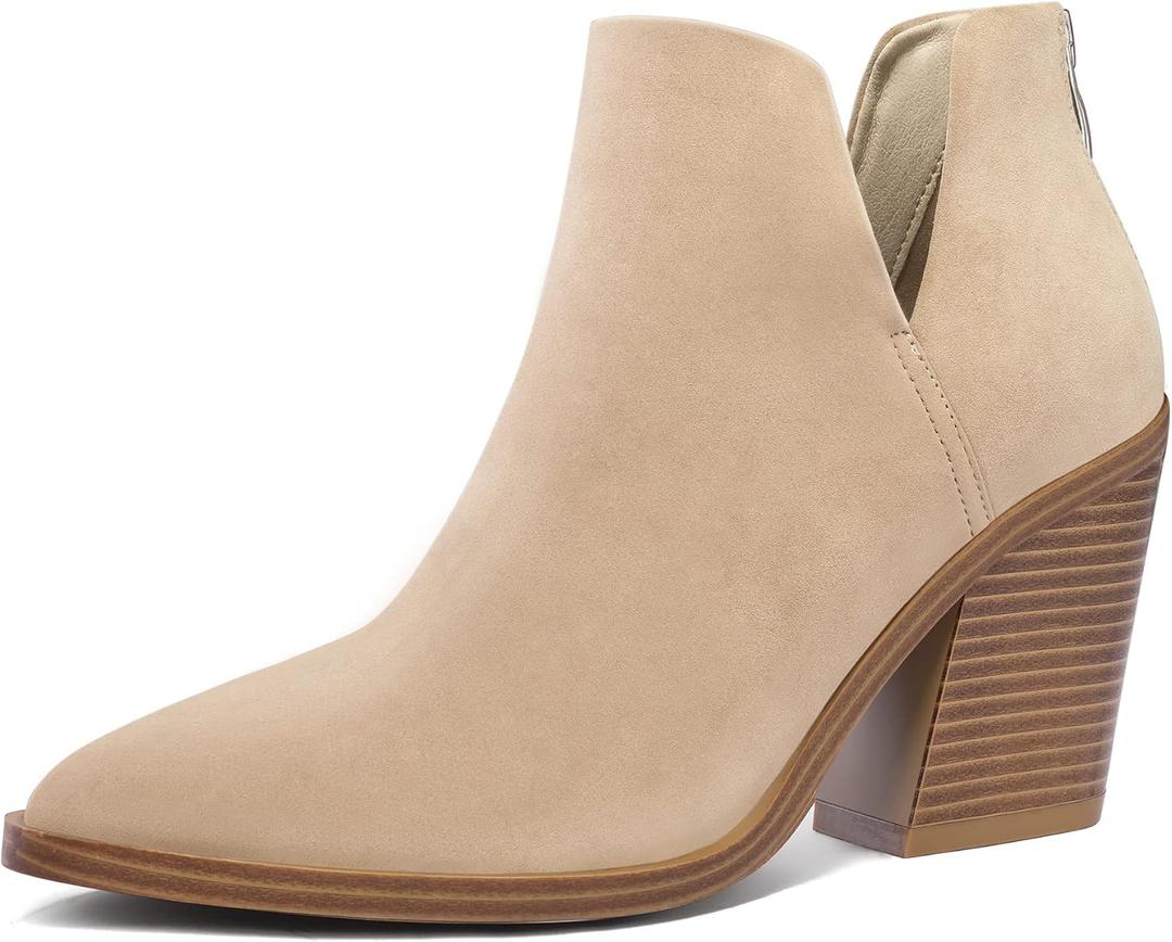 mysoft Women's Ankle Boots Slip on Cutout Pointed Toe Chunky Stacked Mid Heel Booties (9.5 M, Nude)